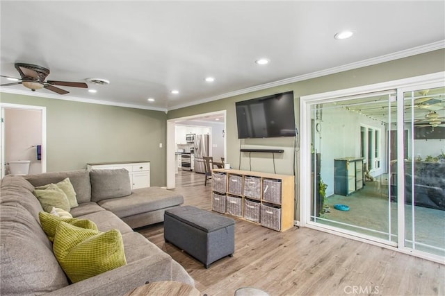5169 Telefair Way, Riverside, CA 92506 - living area featuring ceiling fan, wood finished floors, ornamental molding, and recessed lighting