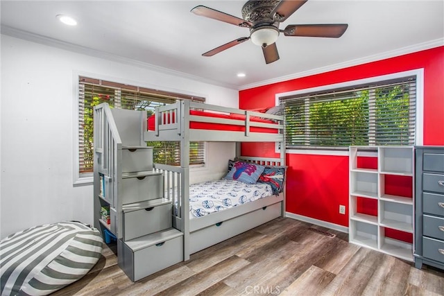 5169 Telefair Way, Riverside, CA 92506 - bedroom featuring multiple windows, ornamental molding, wood finished floors, recessed lighting, and a ceiling fan