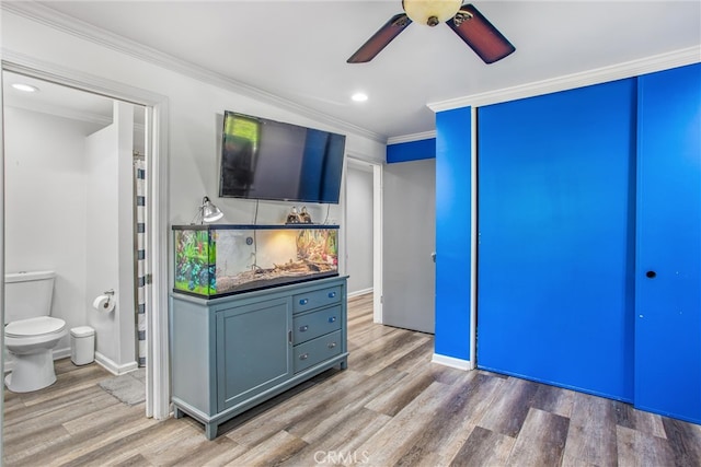 5169 Telefair Way, Riverside, CA 92506 - bedroom with wood finished floors, ornamental molding, ensuite bathroom, recessed lighting, and a ceiling fan