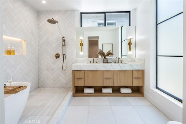 2007 Ava Ave, Hermosa Beach, CA 90254 - full bathroom featuring walk in shower, double vanity, a freestanding bath, and plenty of natural light