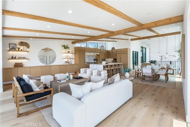 2007 Ava Ave, Hermosa Beach, CA 90254 - living area featuring beamed ceiling, recessed lighting, and light wood-style flooring