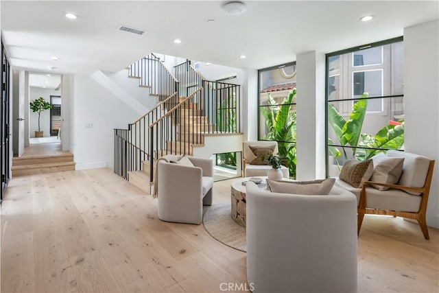 2007 Ava Ave, Hermosa Beach, CA 90254 - living room featuring light wood-style flooring, stairs, and recessed lighting