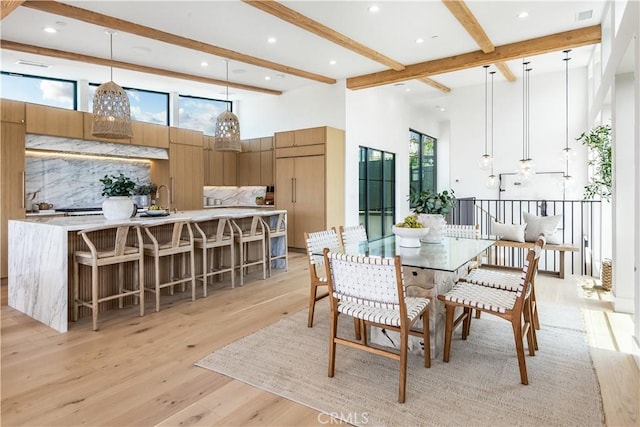 2007 Ava Ave, Hermosa Beach, CA 90254 - dining space featuring beamed ceiling, light wood finished floors, recessed lighting, and a towering ceiling