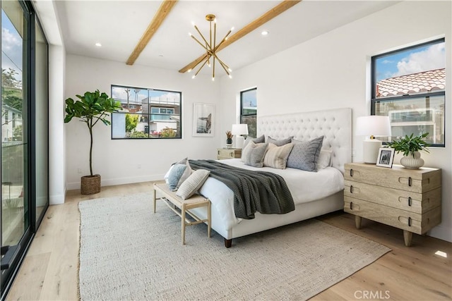 2007 Ava Ave, Hermosa Beach, CA 90254 - bedroom with a chandelier, light wood-style flooring, beamed ceiling, and recessed lighting