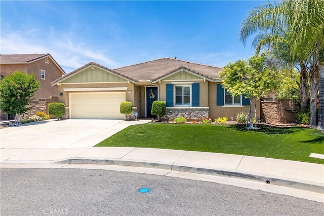 26865 Shelter Cove Ct, Menifee, CA 92585 - ranch-style home featuring stone siding, a tiled roof, stucco siding, a garage, and a front yard