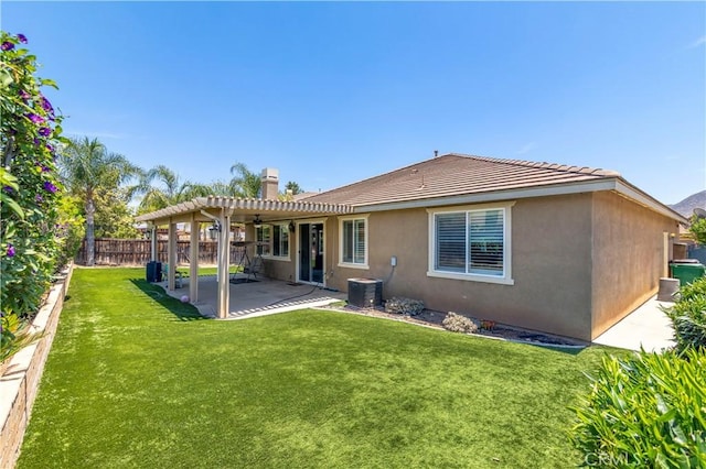 26865 Shelter Cove Ct, Menifee, CA 92585 - rear view of property featuring a fenced backyard, ceiling fan, a patio area, a pergola, and stucco siding