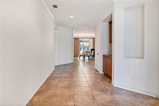 26865 Shelter Cove Ct, Menifee, CA 92585 - hall with a chandelier, crown molding, and light tile patterned floors