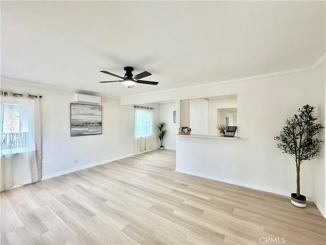 1439 Sheridan Rd, San Bernardino, CA 92407 - unfurnished living room with a wall unit AC, ceiling fan, light wood finished floors, and crown molding