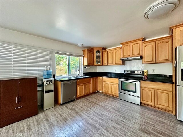 17105 Holmes Cir, Cerritos, CA 90703 - kitchen featuring stainless steel appliances, under cabinet range hood, light wood finished floors, dark countertops, and glass insert cabinets
