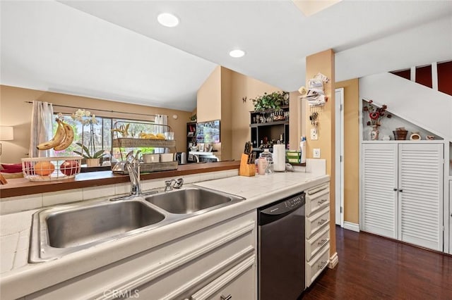 394 S Prospectors Rd Unit 102, Diamond Bar, CA 91765 - kitchen featuring stainless steel dishwasher, dark wood finished floors, light countertops, lofted ceiling, and recessed lighting