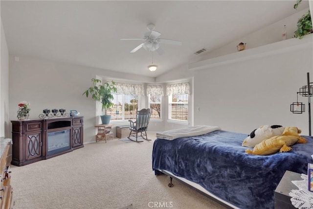 10776 Joshua St, Oak Hills, CA 92344 - carpeted bedroom with vaulted ceiling and ceiling fan