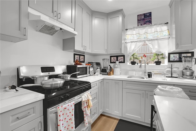 3032 Cogswell Rd, El Monte, CA 91732 - kitchen featuring appliances with stainless steel finishes, under cabinet range hood, light countertops, and light wood-style floors