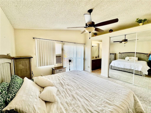 11308 Sherwood Ct, Fontana, CA 92337 - carpeted bedroom featuring lofted ceiling, a textured ceiling, ceiling fan, and a closet