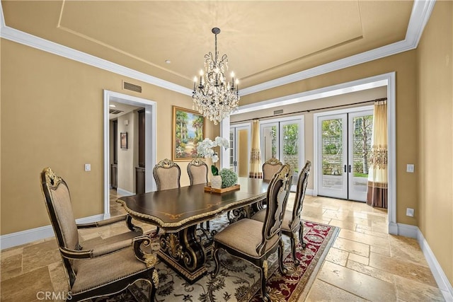 1109 Englemann Ct, Arcadia, CA 91006 - dining area with stone tile floors, french doors, a raised ceiling, a chandelier, and crown molding