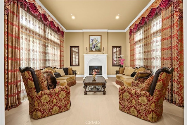 1109 Englemann Ct, Arcadia, CA 91006 - living room featuring ornamental molding, plenty of natural light, a glass covered fireplace, and recessed lighting
