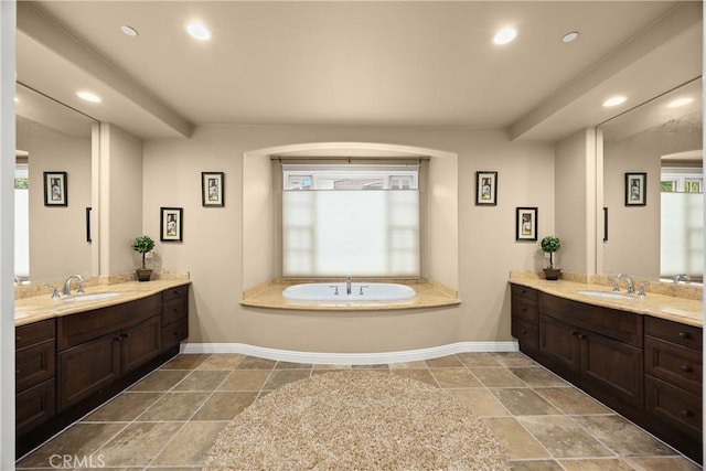 1109 Englemann Ct, Arcadia, CA 91006 - full bath with two vanities, plenty of natural light, a bath, and recessed lighting
