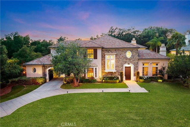 1109 Englemann Ct, Arcadia, CA 91006 - view of front of property featuring a chimney, stone siding, a front yard, and stucco siding