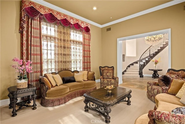 1109 Englemann Ct, Arcadia, CA 91006 - living room with stairway, crown molding, and recessed lighting