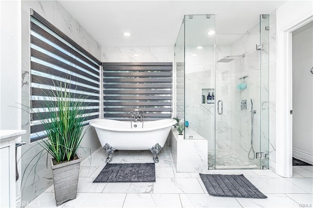 13800 Glenoaks Blvd, Sylmar, CA 91342 - bathroom featuring a freestanding bath, a marble finish shower, marble finish flooring, and recessed lighting