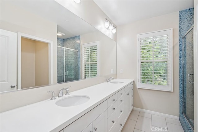 72 Peony, Irvine, CA 92618 - full bathroom featuring double vanity, a stall shower, and tile patterned flooring