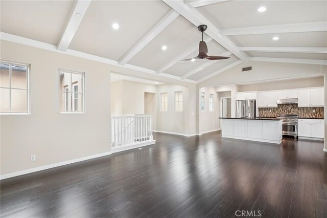 72 Peony, Irvine, CA 92618 - unfurnished living room featuring ceiling fan, dark wood-type flooring, and recessed lighting