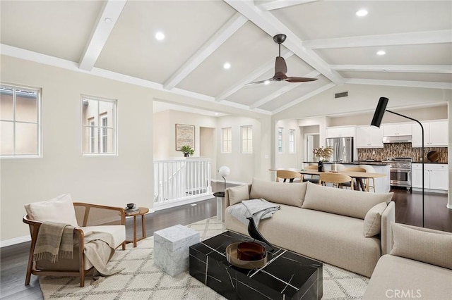 72 Peony, Irvine, CA 92618 - living area featuring dark wood finished floors, a ceiling fan, healthy amount of natural light, and recessed lighting