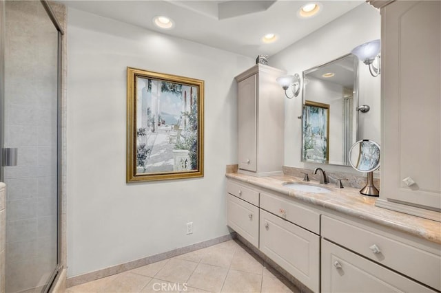 504 Harkness Ln Unit 1, Redondo Beach, CA 90278 - bathroom with tile patterned floors, vanity, recessed lighting, and a shower stall