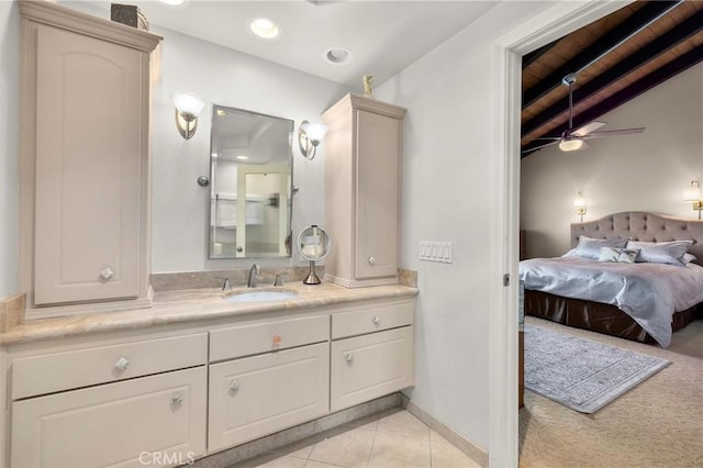 504 Harkness Ln Unit 1, Redondo Beach, CA 90278 - ensuite bathroom with vanity, tile patterned floors, a ceiling fan, and a wood ceiling with exposed beams
