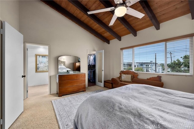 504 Harkness Ln Unit 1, Redondo Beach, CA 90278 - bedroom with a wood ceiling with exposed beams, a walk in closet, light colored carpet, high vaulted ceiling, and a closet