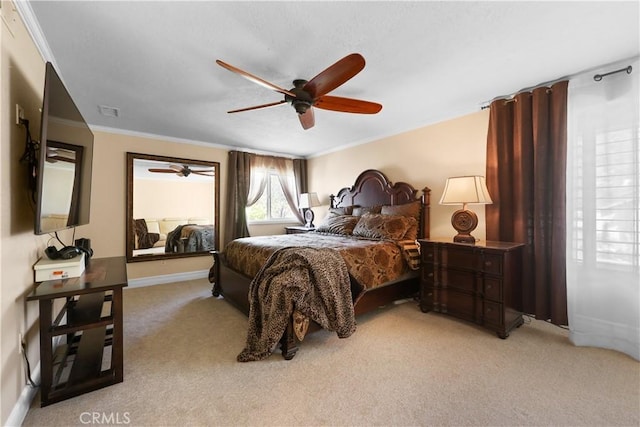 5706 E Bryce Ave, Orange, CA 92867 - bedroom with light carpet, crown molding, and ceiling fan