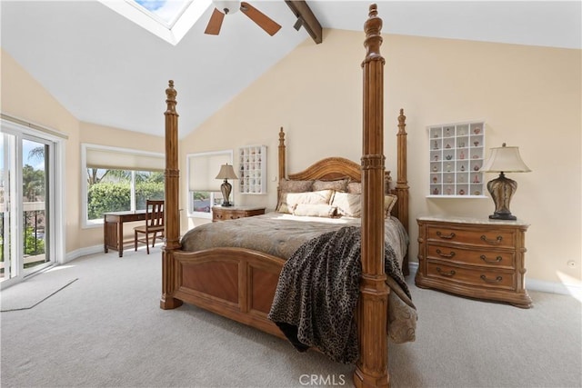 5706 E Bryce Ave, Orange, CA 92867 - bedroom featuring light colored carpet, access to exterior, a skylight, and ceiling fan