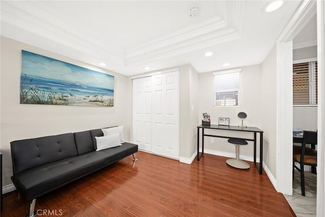 12077 Conference St, El Monte, CA 91732 - sitting room featuring a raised ceiling, crown molding, recessed lighting, and wood finished floors