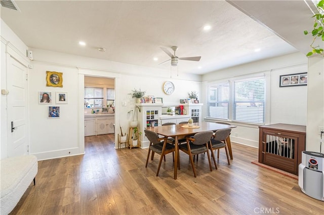 201 S Spruce St, Montebello, CA 90640 - dining room featuring recessed lighting, ceiling fan, wood finished floors, and plenty of natural light