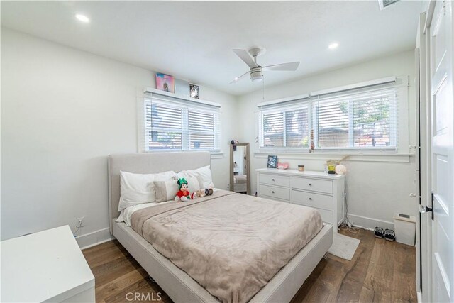 201 S Spruce St, Montebello, CA 90640 - bedroom featuring multiple windows, dark wood-type flooring, recessed lighting, and a ceiling fan