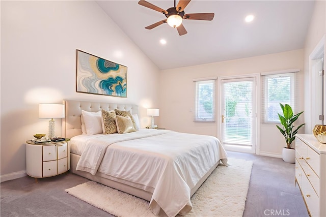 24302 Vista Ridge Dr, Valencia, CA 91355 - bedroom with access to exterior, light carpet, vaulted ceiling, recessed lighting, and ceiling fan