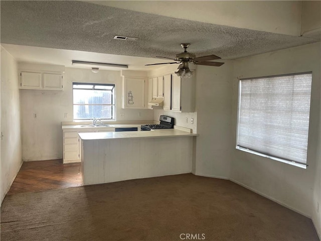 6106 Pathfinder Rd, Riverside, CA 92504 - kitchen with gas range, a textured ceiling, light countertops, dark colored carpet, and a peninsula