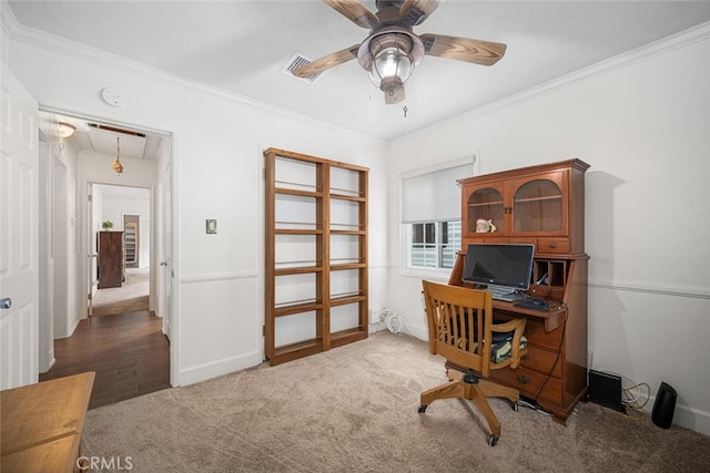 7028 E Parkcrest St, Long Beach, CA 90808 - carpeted office with attic access, ceiling fan, and ornamental molding