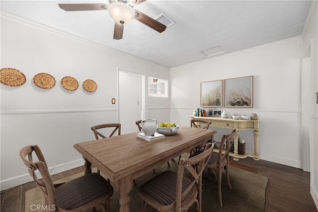 7028 E Parkcrest St, Long Beach, CA 90808 - dining room with wood finished floors, ceiling fan, ornamental molding, attic access, and an office area