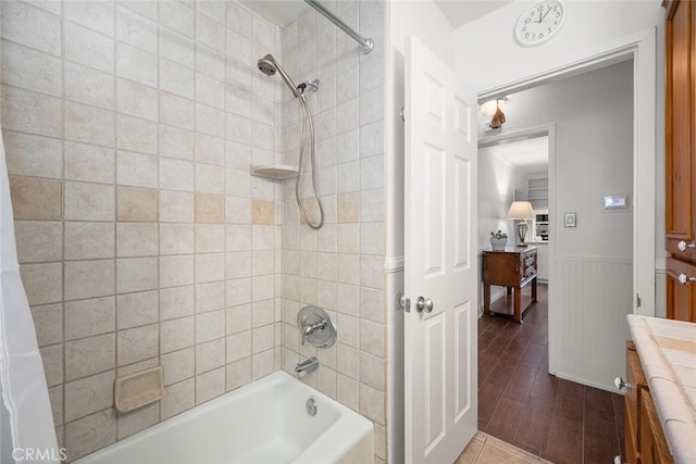 7028 E Parkcrest St, Long Beach, CA 90808 - bathroom with shower / bath combination with curtain, vanity, wainscoting, connected bathroom, and wood finished floors