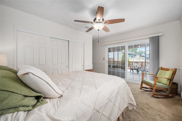7028 E Parkcrest St, Long Beach, CA 90808 - bedroom featuring light carpet, access to outside, a closet, crown molding, and ceiling fan