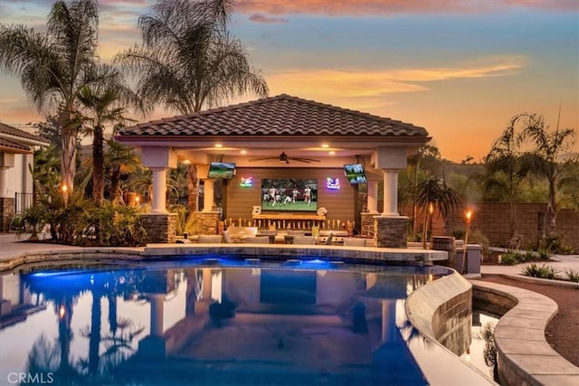 17180 Mockingbird Canyon Rd, Riverside, CA 92504 - outdoor pool with a gazebo, a ceiling fan, and a patio