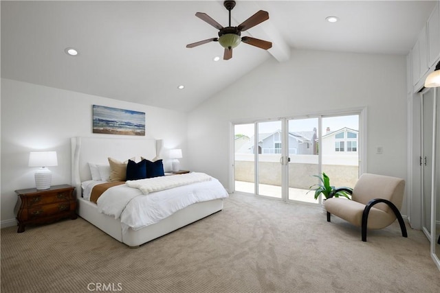 5302 Bryant Cir, Westminster, CA 92683 - bedroom featuring access to outside, beam ceiling, light colored carpet, recessed lighting, and ceiling fan