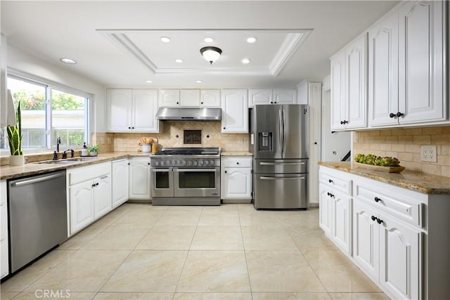 5302 Bryant Cir, Westminster, CA 92683 - kitchen featuring appliances with stainless steel finishes, under cabinet range hood, a raised ceiling, light stone countertops, and white cabinetry