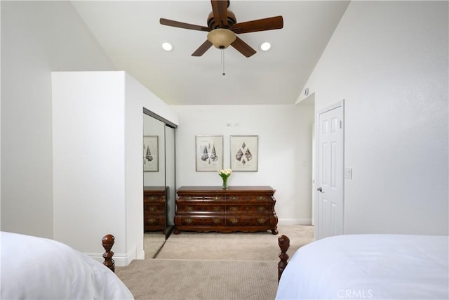 5302 Bryant Cir, Westminster, CA 92683 - bedroom featuring carpet, recessed lighting, ceiling fan, vaulted ceiling, and a closet