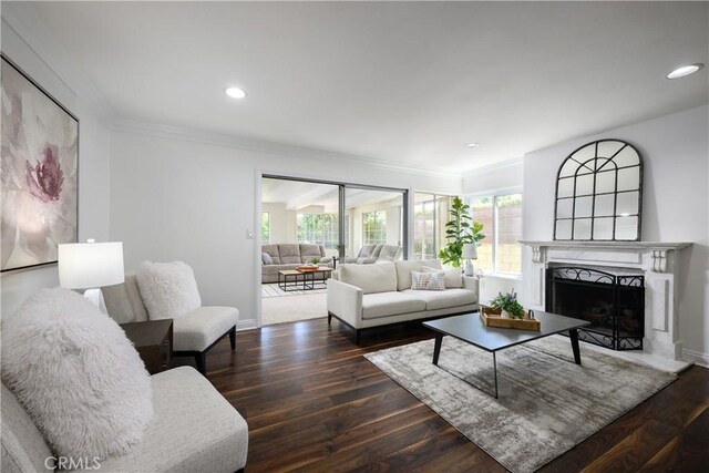 5302 Bryant Cir, Westminster, CA 92683 - living area featuring crown molding, a high end fireplace, dark wood-type flooring, and recessed lighting