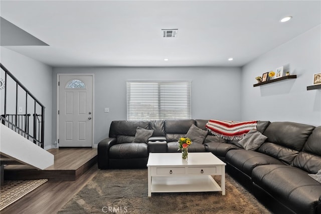 22524 Paseo Terraza, Saugus, CA 91350 - living area featuring stairs, wood finished floors, and recessed lighting