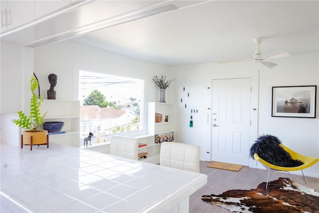 3311 Carolina S, San Pedro, CA 90731 - kitchen with tile counters, wood finished floors, ceiling fan, and white cabinetry