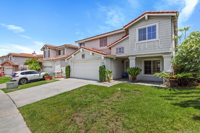 4722 Regatta Ln, San Diego, CA 92154 - view of front facade with a tiled roof, a garage, stucco siding, driveway, and a front lawn