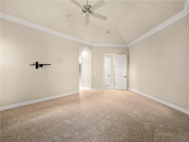 6660 N St Catherine Ct, Fresno, CA 93711 - empty room with a ceiling fan, light colored carpet, ornamental molding, lofted ceiling, and arched walkways