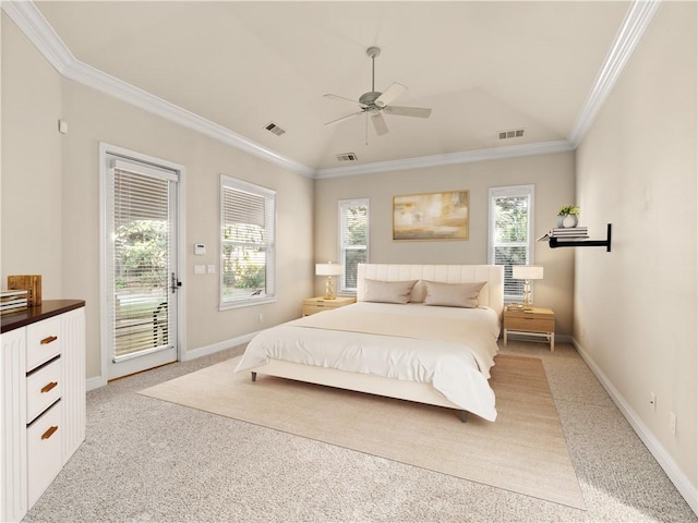 6660 N St Catherine Ct, Fresno, CA 93711 - bedroom featuring light carpet, access to exterior, crown molding, and a ceiling fan